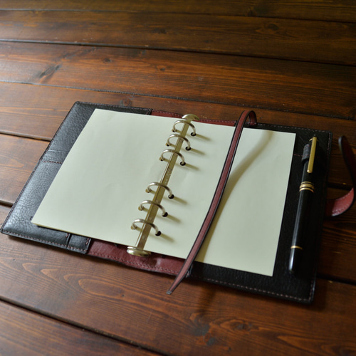 システム手帳 A6サイズ イタリアンレザー ブラック×ワイン 手帳