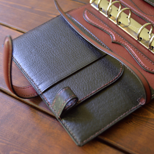 システム手帳 A6サイズ イタリアンレザー ブラック×ワイン 手帳