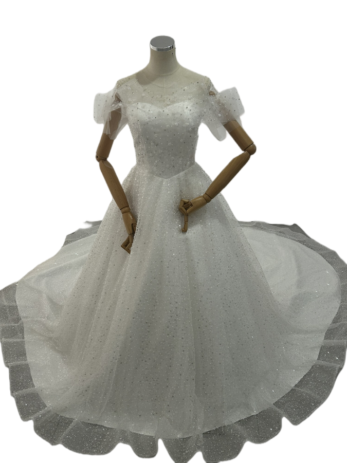 ウェディングドレス オフショルダー 繊細レース　上品透け袖 ハートネット　花嫁　華やかなトレーン 　編み上げ