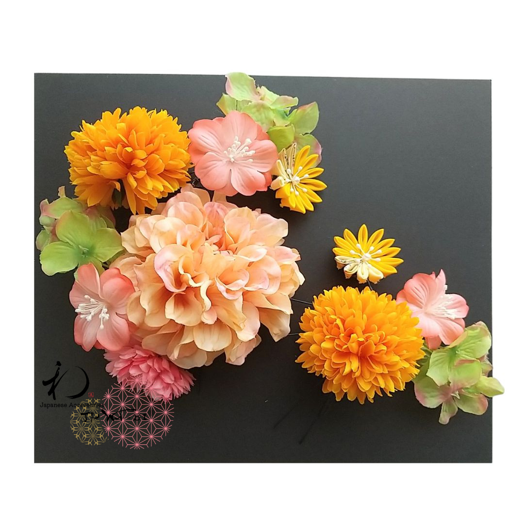 国産髪飾り/成人式・卒業式/着物・袴髪飾り/つまみ細工×アーティフィッシャルフラワー/オレンジ系/透明パッケージ入り