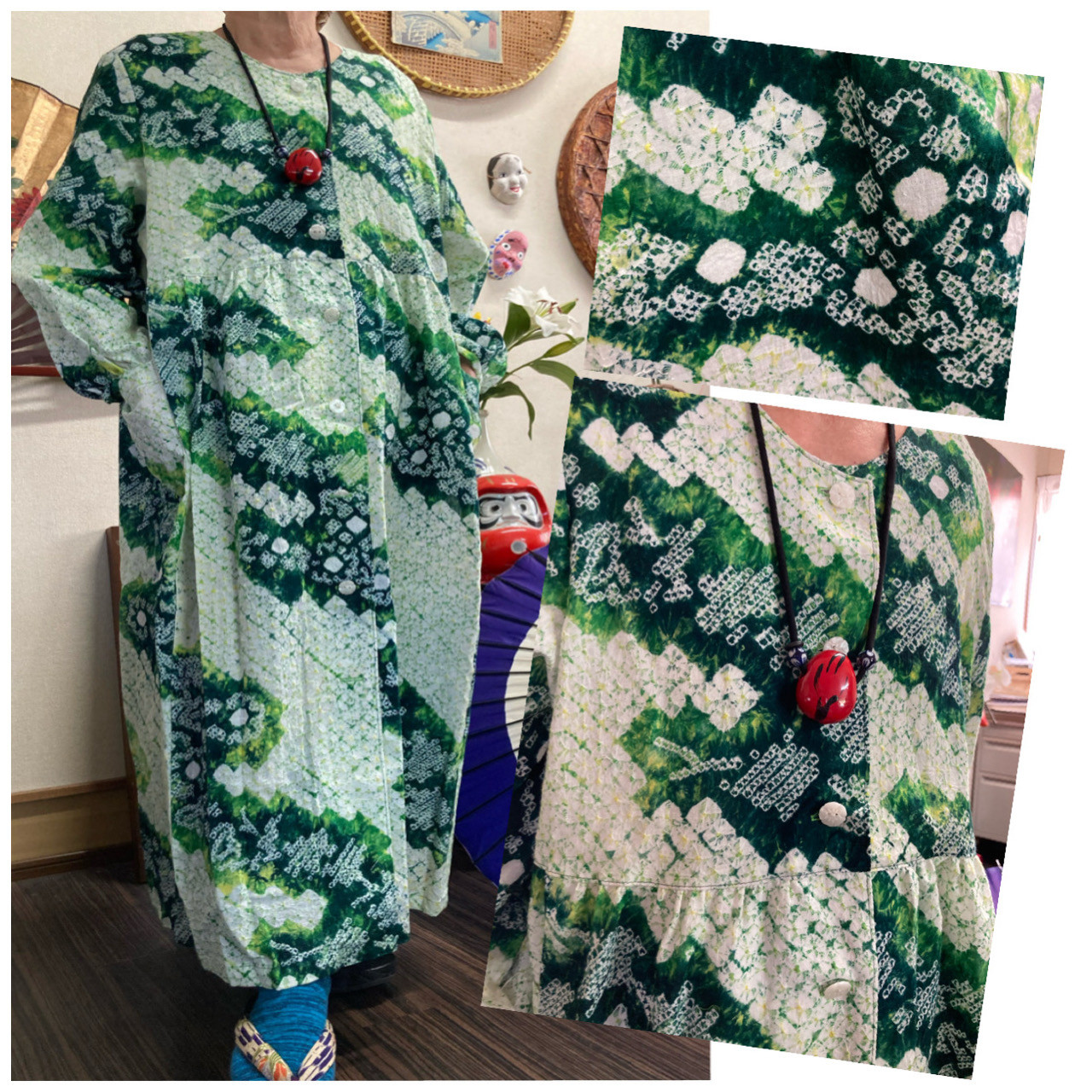 有松絞り(緑色）の前開きワンピースコート　　　　着物リメイク