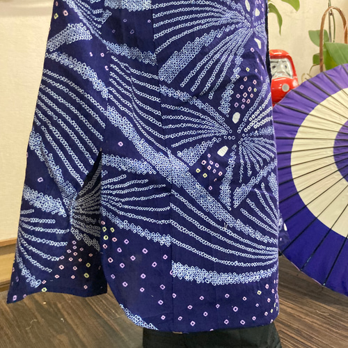 有松絞り(花火柄)(紫色）の前開きワンピースコート 着物リメイク