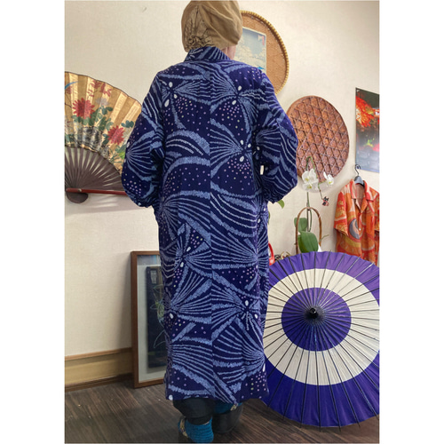 有松絞り(花火柄)(紫色）の前開きワンピースコート 着物リメイク