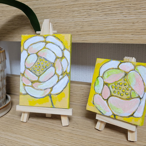 原画 絵画『微笑み』【豆絵】油絵 イーゼル付き 気軽にアート 癒し