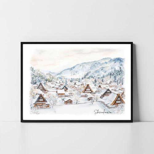 雪の白川郷 水彩画アート｜日本の風景｜冬の情景｜インテリアポスター