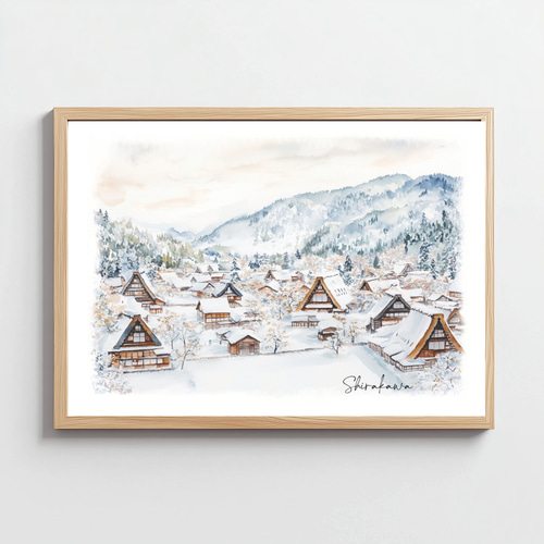 雪の白川郷 水彩画アート｜日本の風景｜冬の情景｜インテリアポスター