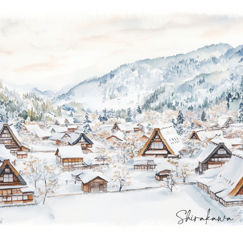 雪の白川郷 水彩画アート｜日本の風景｜冬の情景｜インテリアポスター