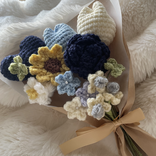 枯れない花】チューリップ ひまわり 枯れない花束 編み物 毛糸花束