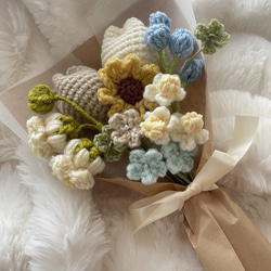 枯れない花】ひまわり あみぐるみ 枯れない花束 編み物 毛糸花束