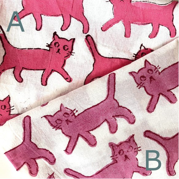 インド ブロックプリント生地 [50cm単位] キャット ピンク ホワイト地B ファブリック 猫 ねこ IF0302 4枚目の画像