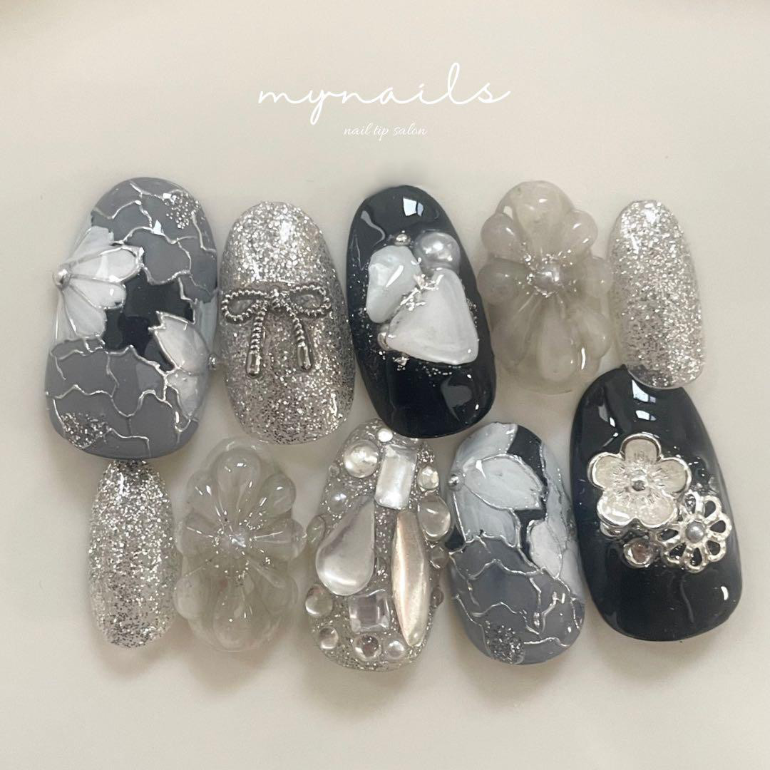 【サイズオーダー】和柄黒×シルバーネイルno58｜成人式 振袖 袴 卒業式ブライダル 和装 黒 シルバー 水引 シェル