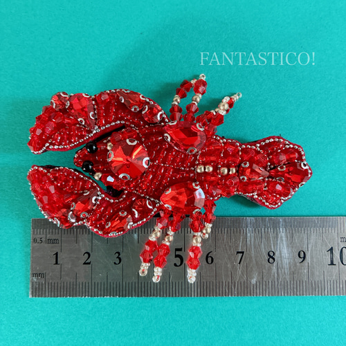 ロブスターのビーズ刺繍ブローチ❤️デリカビーズステッチ ライン