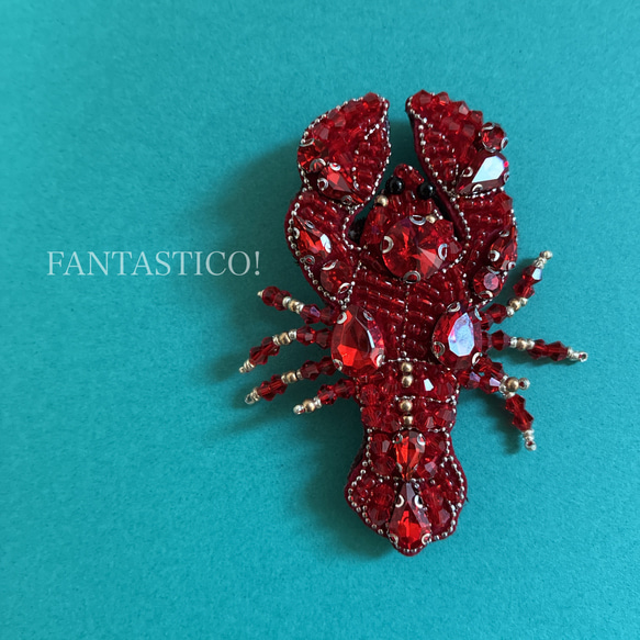 ロブスターのビーズ刺繍ブローチ❤️デリカビーズステッチ ライン