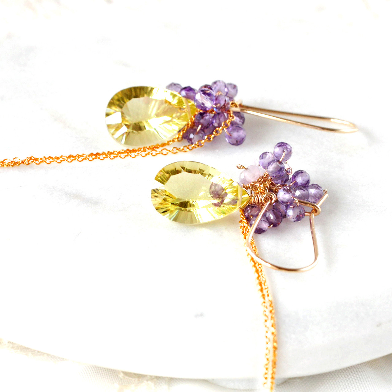 Lemon Amethyst/レモンクォーツコンケーブカットxピンクアメジスト　キドニーフックピアス14kgf