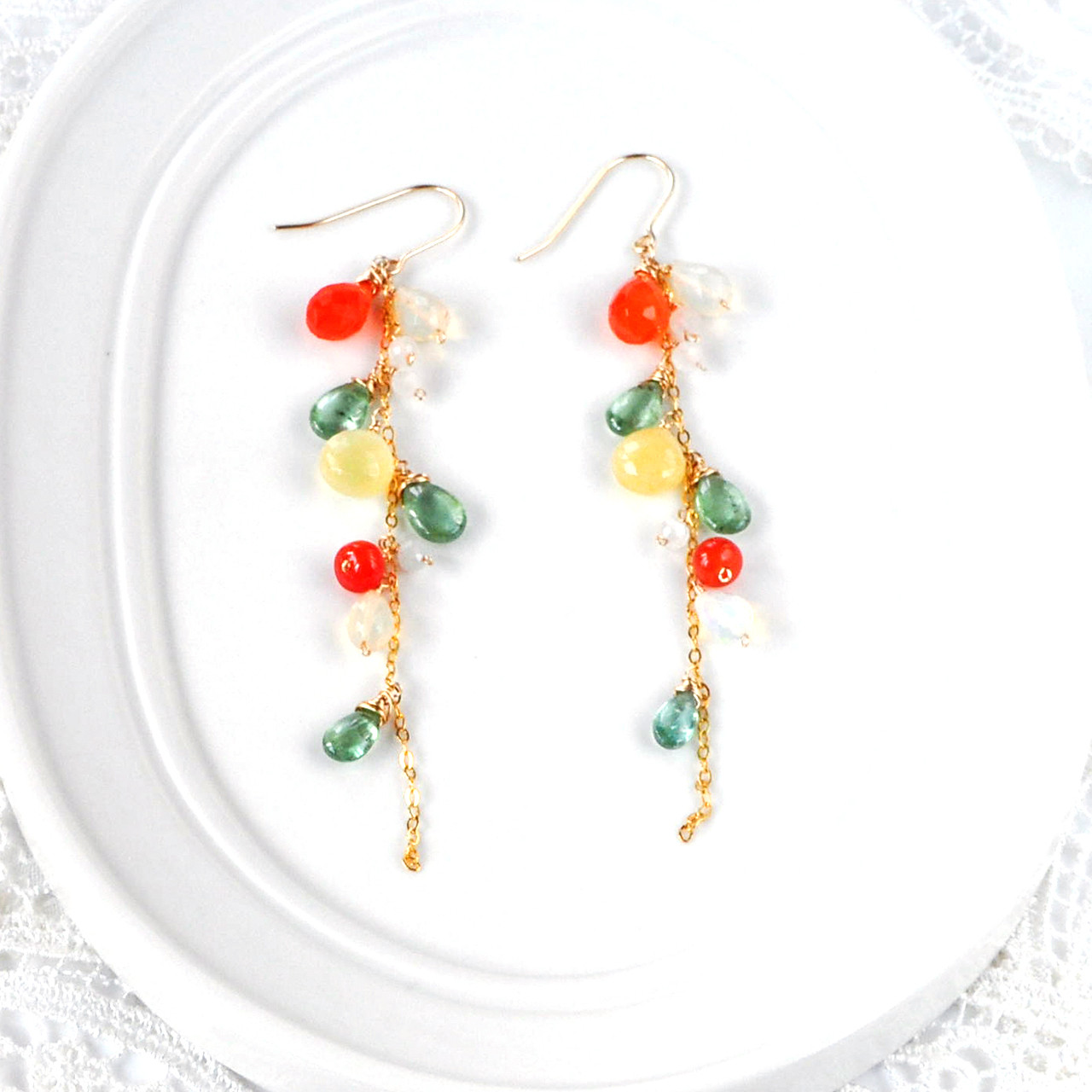 Tropical Bloom/カーネリアンxイエローオパール弾けるロングピアス14kgf