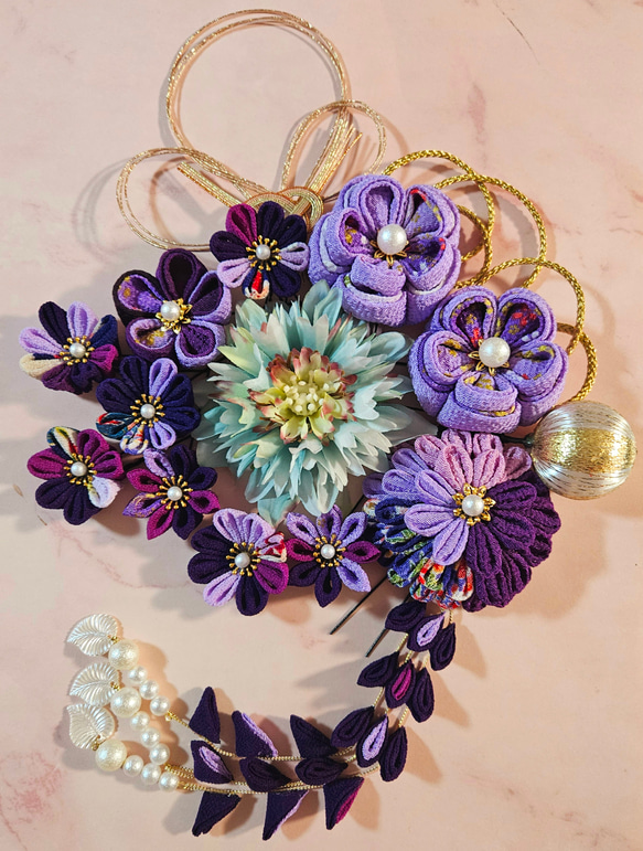 つまみ細工 髪飾り 成人式 七五三 卒業式 パープル系 かんざし 華 通販