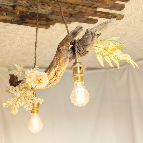 限定1台！ 流木のペンダントライト2灯　RYUYA　LED電球セット　｜天井照明　カフェ/サロン店舗照明 3枚目の画像