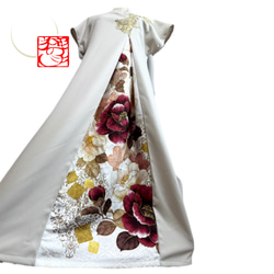 振袖 着物リメイク ドレス 和柄 ワンピース 濃紺×牡丹や菊や桜 ぽわん