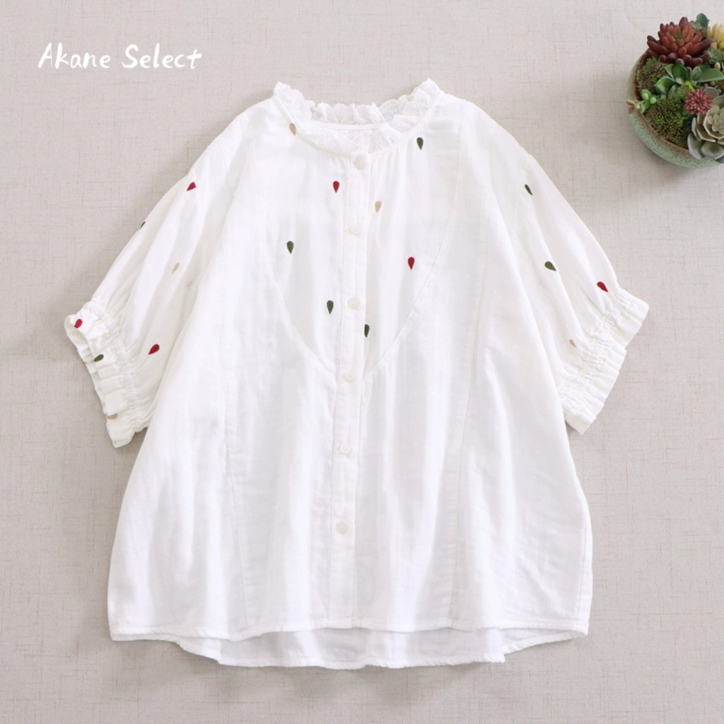 【虹の雫★コットン100%★サマーホワイト半袖シャツ】刺繡│可愛いバルーンスリーブ│Aライン│ギャザー│T-78LB