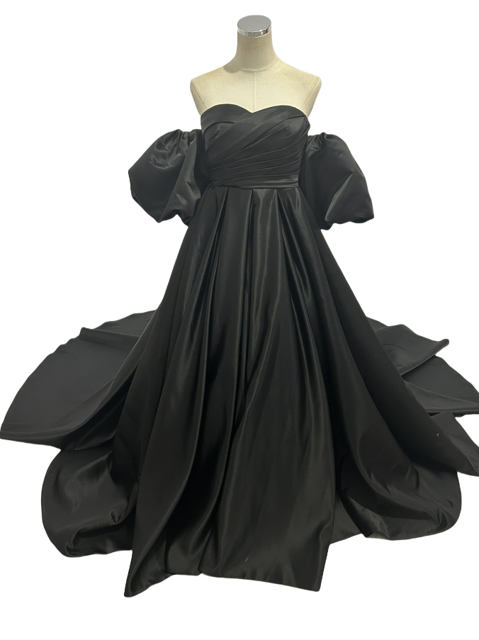 カラードレス パフスリーブドレス エンパイアライン ブラック 光沢サテン 編み上げ マタニティドレス 前撮り