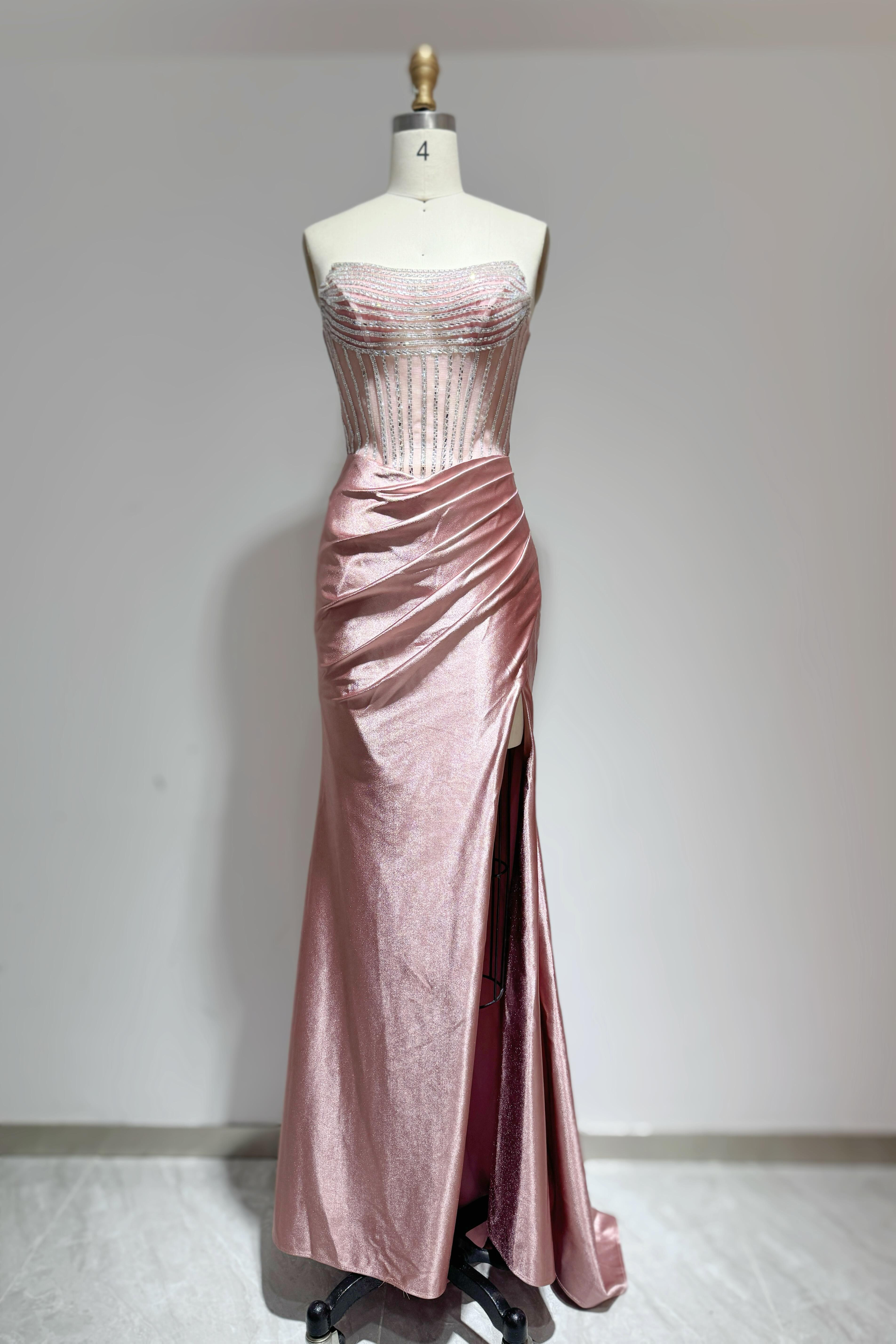 人気上昇　チューブトップ　ピンクソフィア　フリルドレス　スリット　透ける　袖無し　パーティー二次会前撮りステージフォト