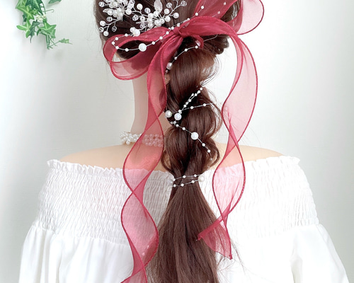 新色【 パール ＆ボルドー】シアーリボン ポニーフック / オーガンジー