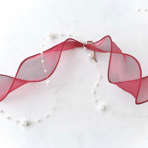 新色【 パール ＆ボルドー】シアーリボン ポニーフック / オーガンジー