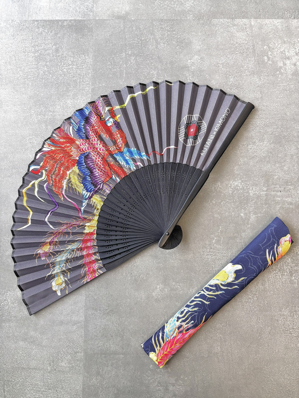 九谷をまとう扇子【KUTANI×KIMONO】鳳凰  同柄収納袋・化粧箱入 3枚目の画像