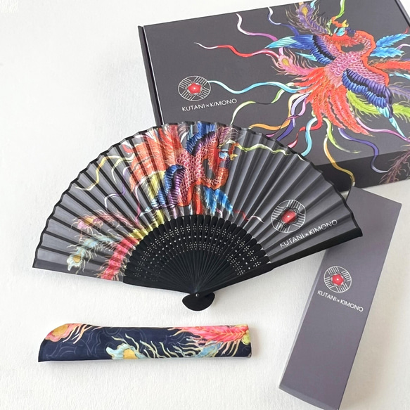 九谷をまとう扇子【KUTANI×KIMONO】鳳凰  同柄収納袋・化粧箱入 4枚目の画像