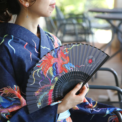 九谷をまとう扇子【KUTANI×KIMONO】鳳凰  同柄収納袋・化粧箱入 7枚目の画像