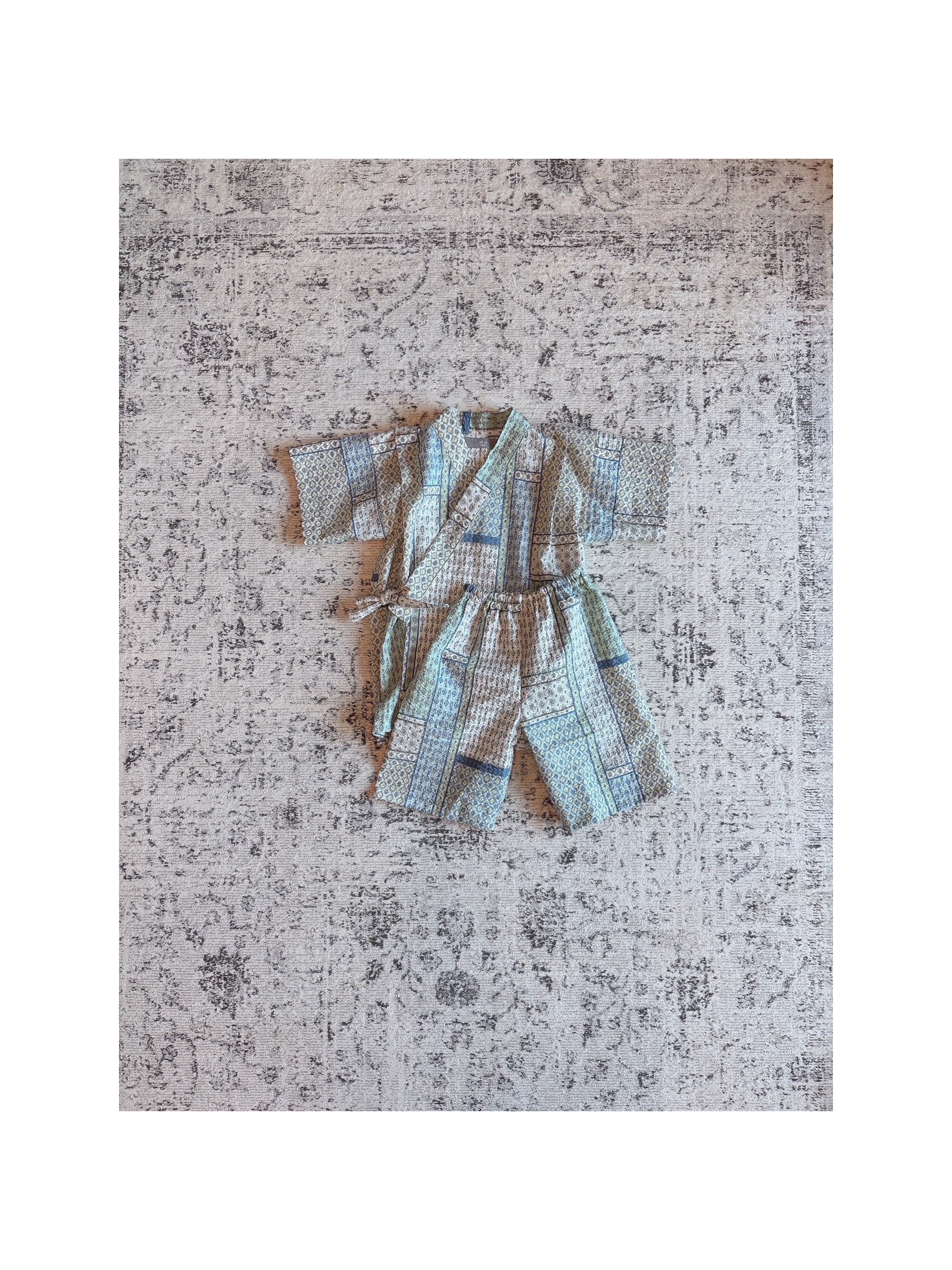 【jinbei (blue&lime)】甚平　ベビー甚平　こども甚平　おそろいで着られる甚平&浴衣　夏祭りに♡