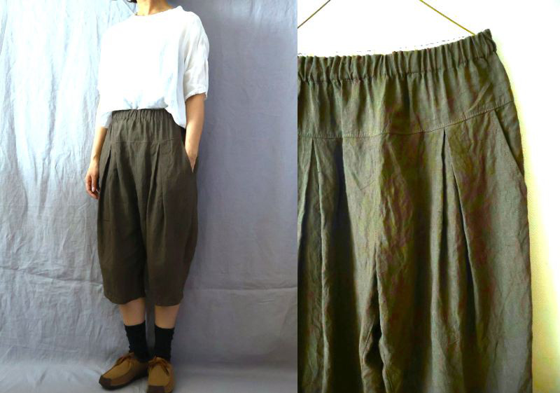 【受注制作】モカ茶/天日干し40リネン　ちょい長ハーフタックパンツ