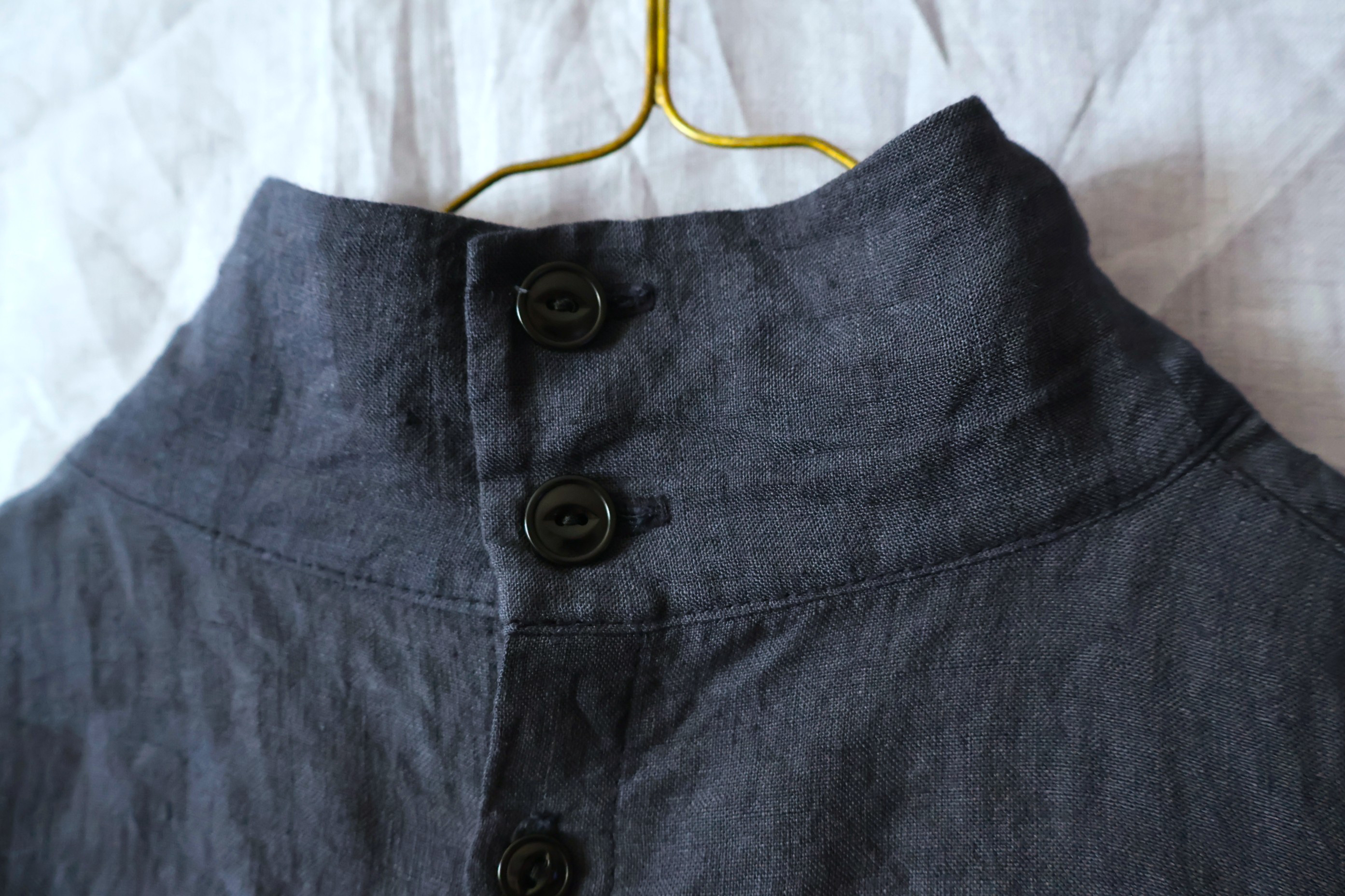 【受注制作】濃紺/天日干し60リネン　ハイスタンドカラー/ドルマン袖プル