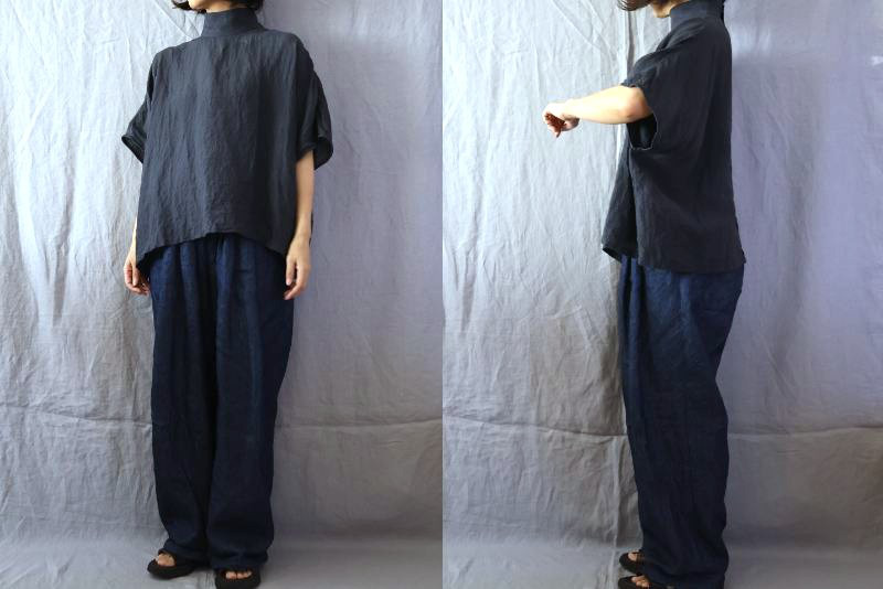 【受注制作】濃紺/天日干し60リネン　ハイスタンドカラー/ドルマン袖プル