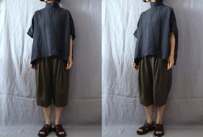 【受注制作】濃紺/天日干し60リネン　ハイスタンドカラー/ドルマン袖プル