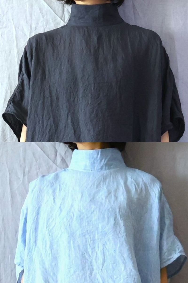 【受注制作】濃紺/天日干し60リネン　ハイスタンドカラー/ドルマン袖プル