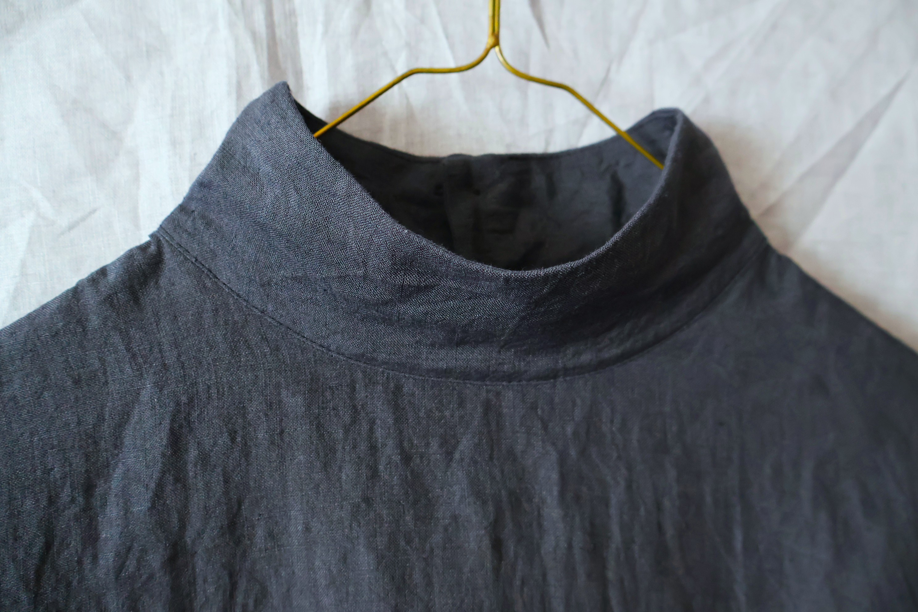 【受注制作】濃紺/天日干し60リネン　ハイスタンドカラー/ドルマン袖プル