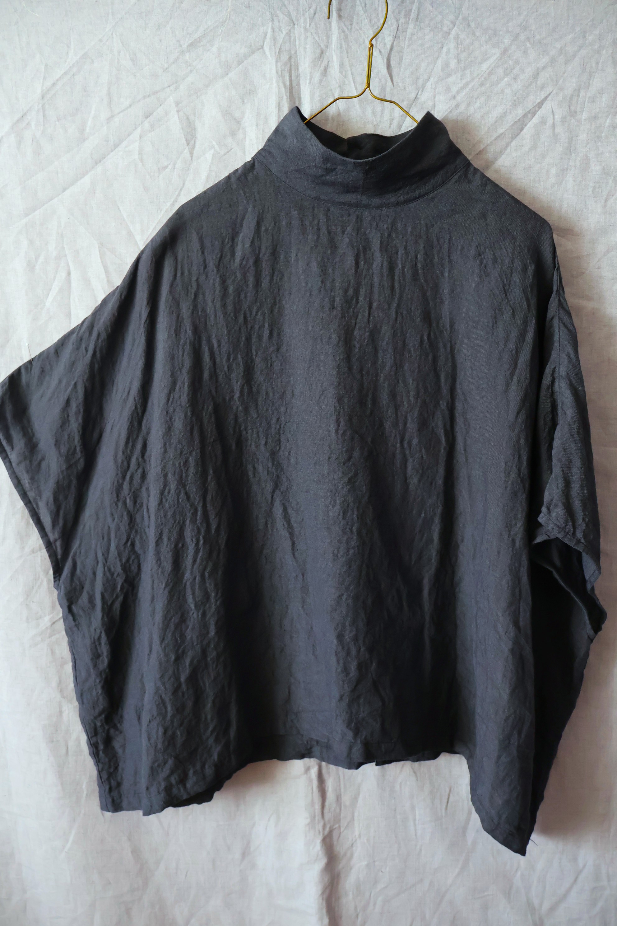 【受注制作】濃紺/天日干し60リネン　ハイスタンドカラー/ドルマン袖プル