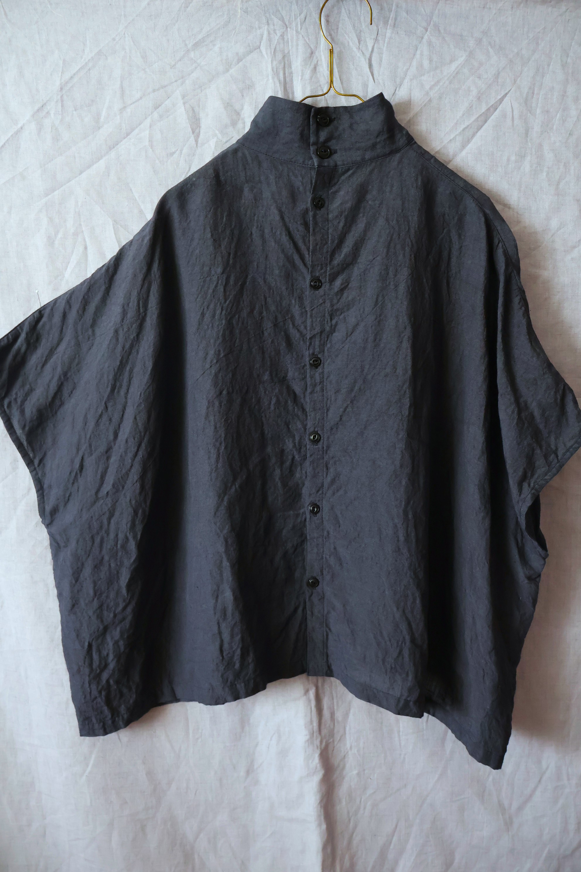 【受注制作】濃紺/天日干し60リネン　ハイスタンドカラー/ドルマン袖プル