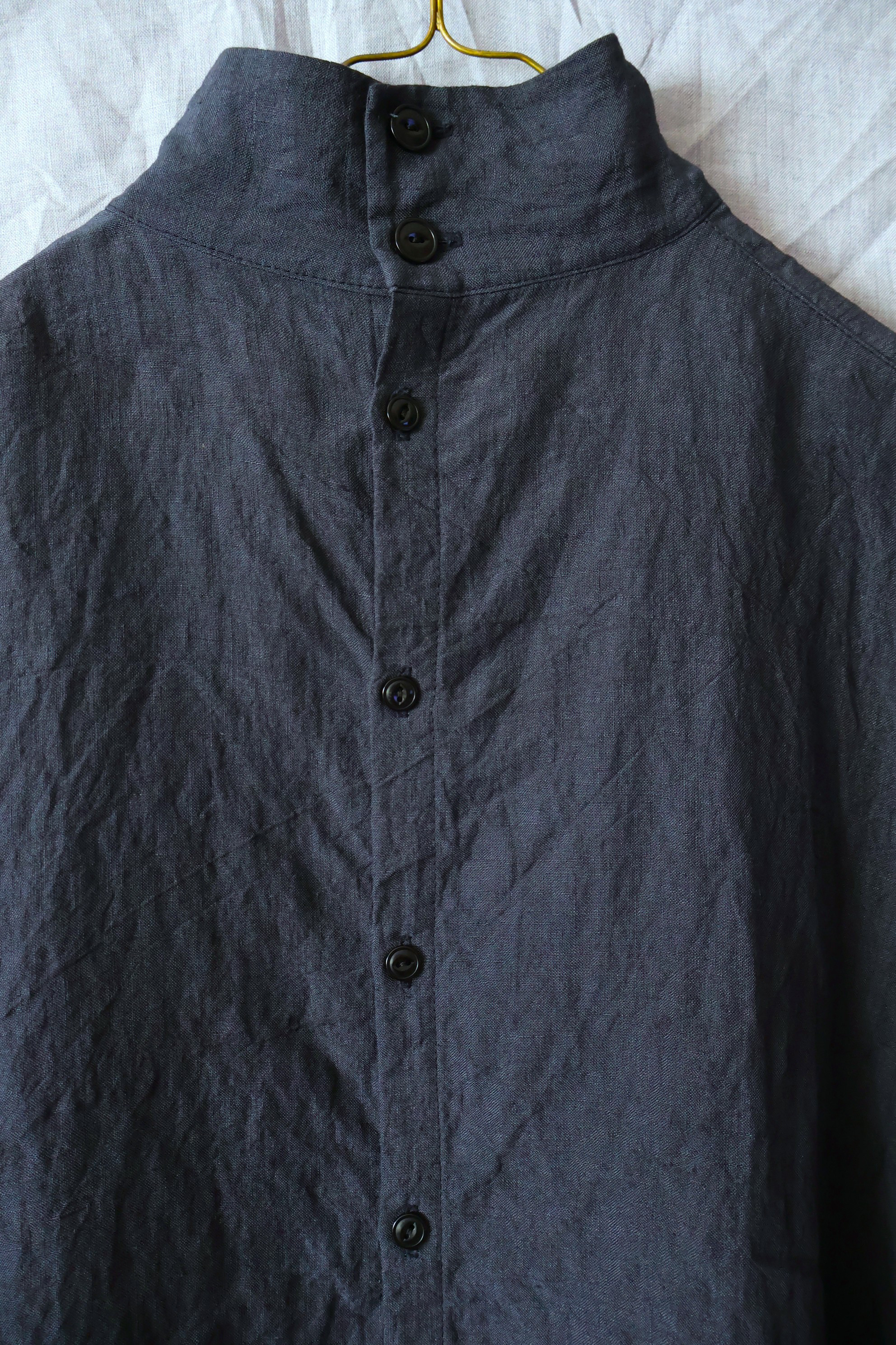 【受注制作】濃紺/天日干し60リネン　ハイスタンドカラー/ドルマン袖プル