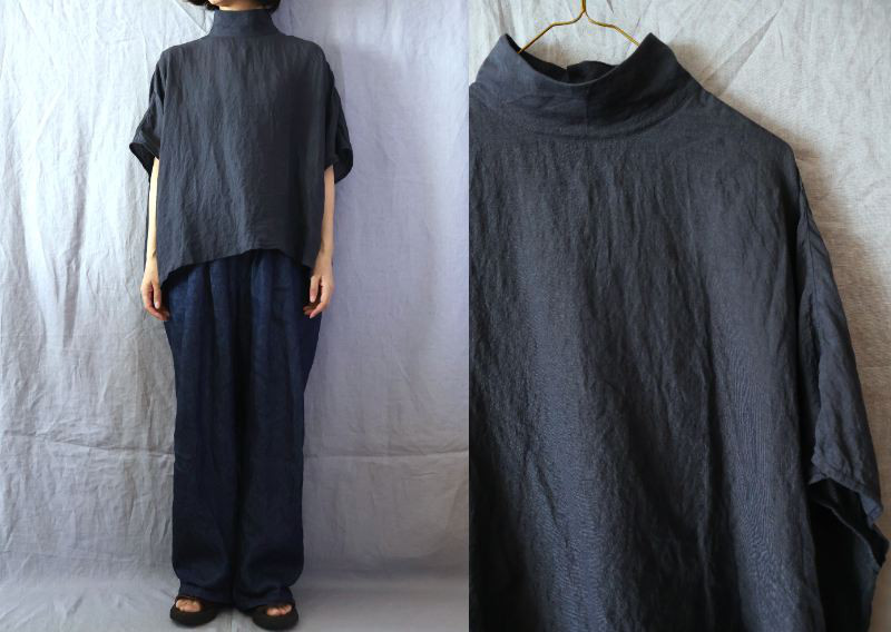 【受注制作】濃紺/天日干し60リネン　ハイスタンドカラー/ドルマン袖プル