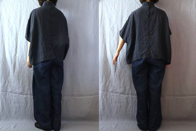 【受注制作】濃紺/天日干し60リネン　ハイスタンドカラー/ドルマン袖プル