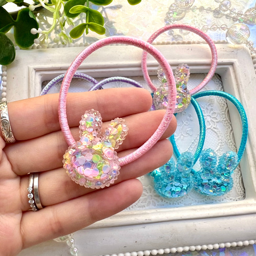 うさぎ♡ヘアゴム 子供 キッズ ヘアアクセサリー キラキラ ブルー 髪