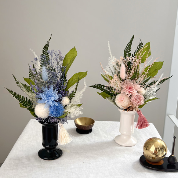選べる2色 仏花 花束タイプ 花瓶付 水やり不要 プリザーブドフラワー