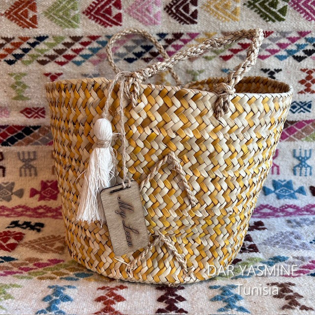 小さなシンプルかごバッグ　丸底バケツ型　イエロー　1点もの