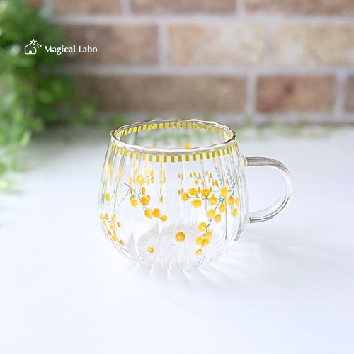 名入れ可】ミモザ柄の耐熱ガラスマグカップ♪ マグカップ Magical Labo