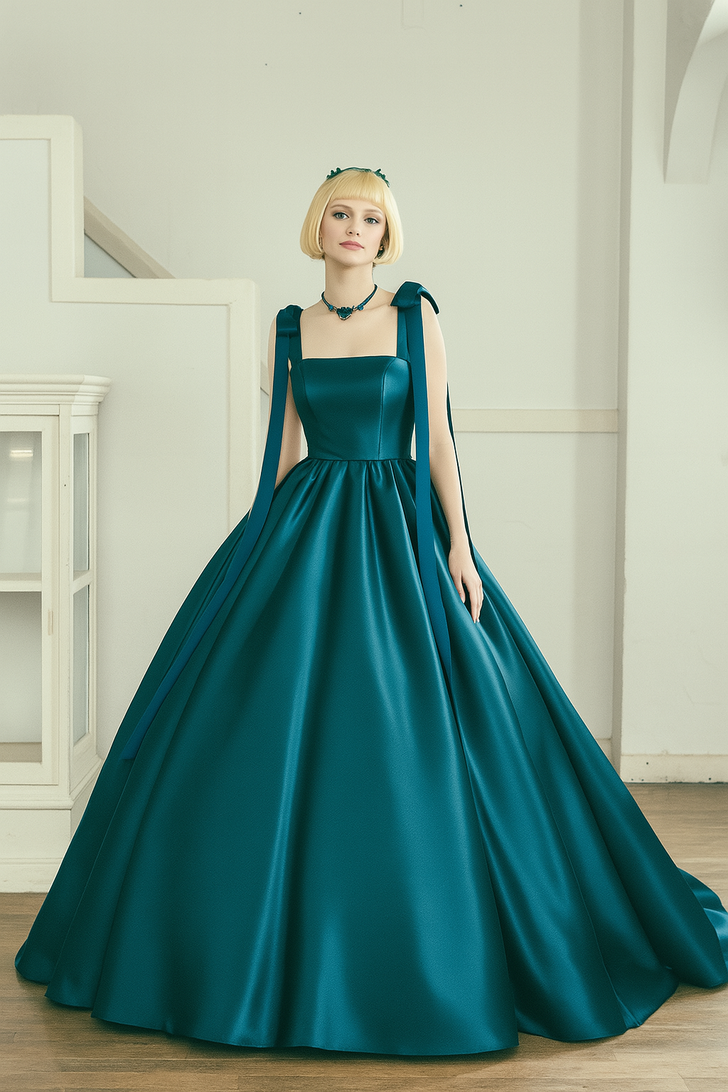 ブルーグリーンカラードレス　リボンアートドレス　ロイヤルサテン　結婚式　演奏　披露宴　色直し