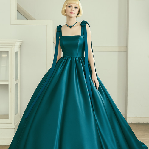 ブルーグリーンカラードレス リボンアートドレス ロイヤルサテン 結婚