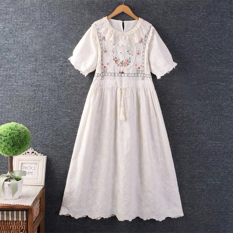 ワンピース 、半袖、夏、ポケット付き、刺繍