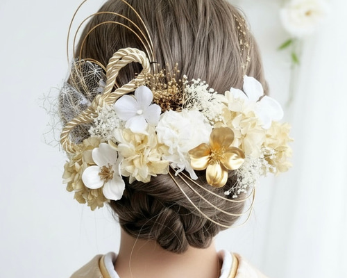 A294 白ゴールド ドライフラワー髪飾り 卒業式 袴 成人式 振袖 結婚式